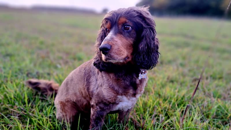 A liver-roan cocker spaniel standing in a grassy field
