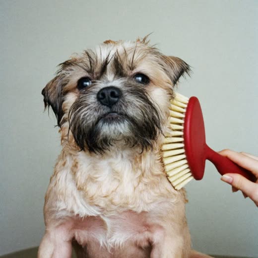 A damp dog being brushed out after a bath